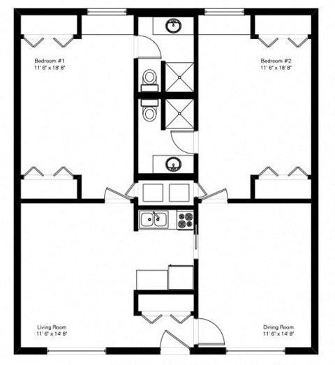 Floor plan for 2 beds, 2 baths, 1058 sqft